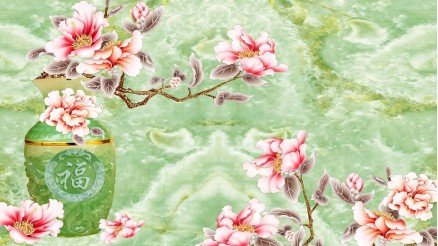 Yeşil Zeminli Pembe Çiçekli Duvar Kağıdı