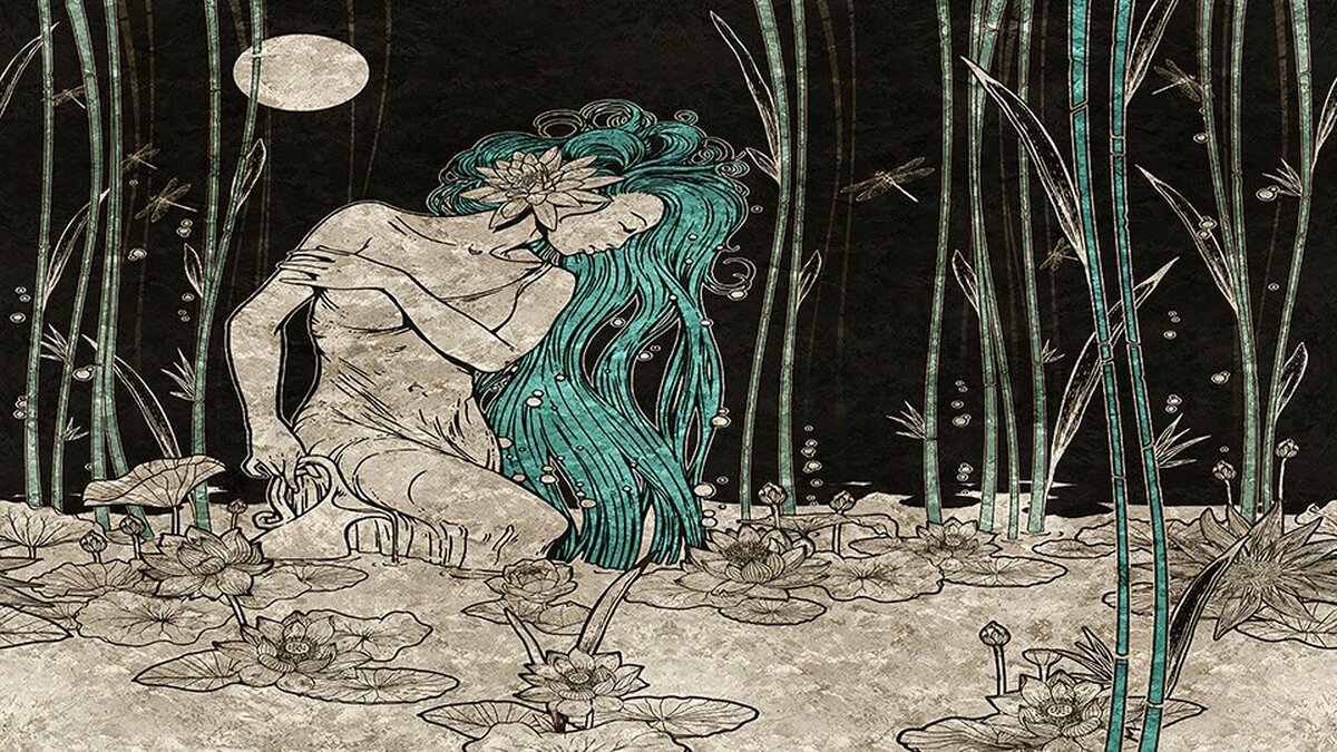 Vintage Yeşil Saçlı Kadın Deseni ve Yusufçuklar Duvar Kağıdı 